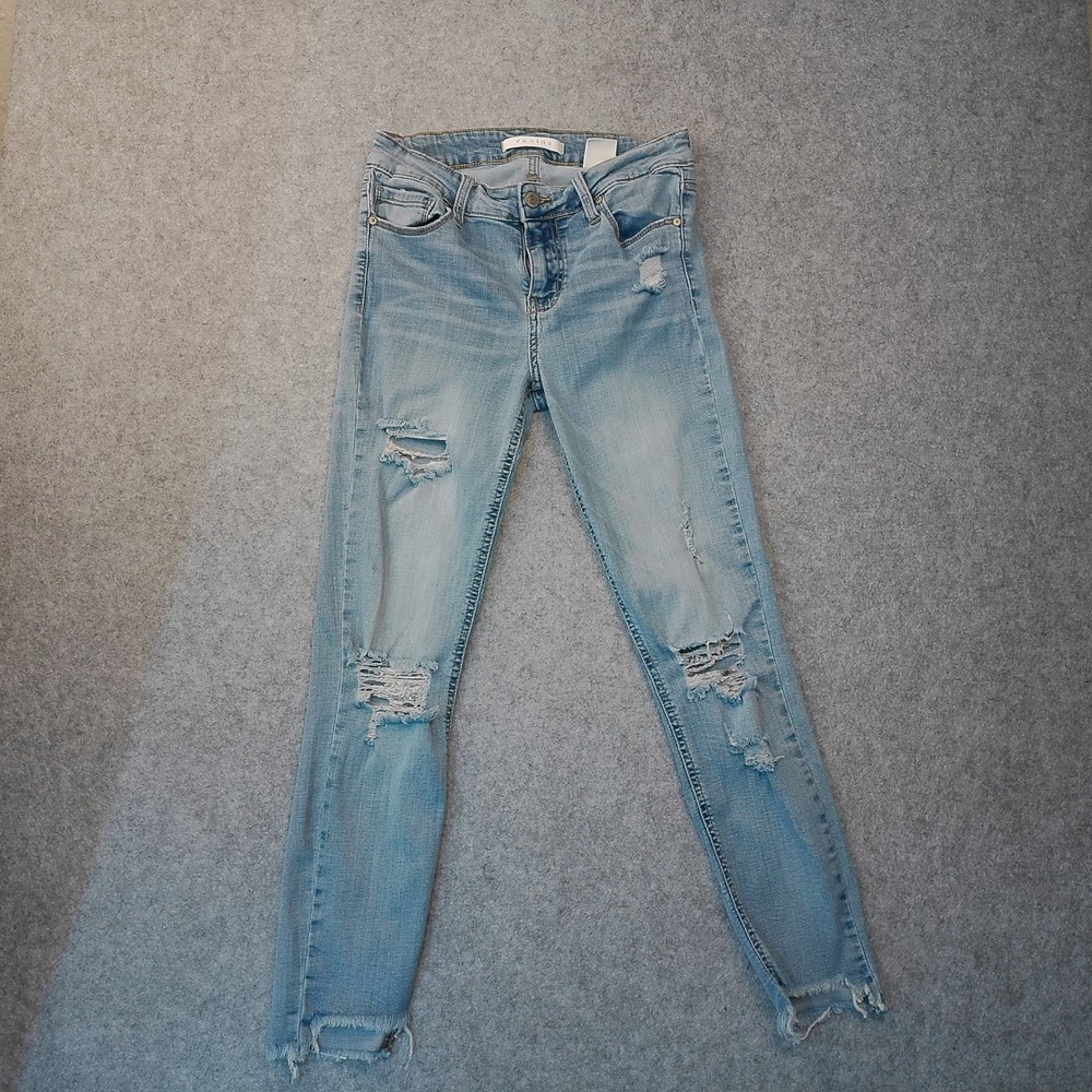 Eunina Josie Mid Rise Skinny Crop Jeans Light Wash Distressed Raw Hem Size 5